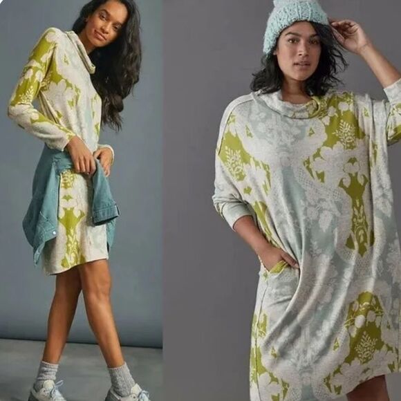 Saturday/Sunday Cozy Turtleneck Tunic Dress in Green Floral Size XSP 371 - Picture 1 of 7
